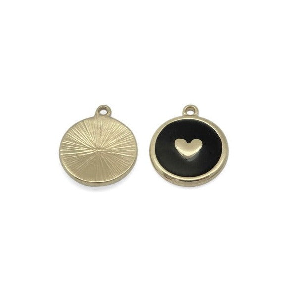 Pendentif Coeur avec Email Noir Rond 17.6x14.6 mm Doré x 1