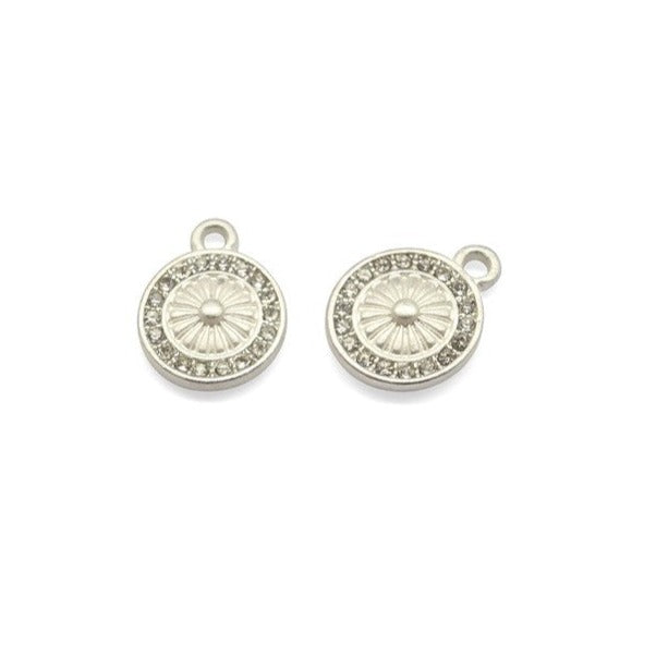 Pendentif/Breloque Strass Rond 11x13.5 mm Argent Mat x 1