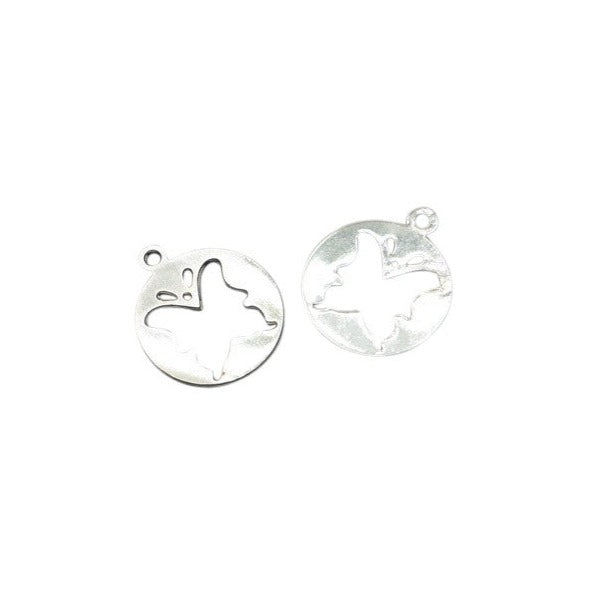 Pendentif/Breloque Rond Filigrane Papillon 11 mm Argenté x 2