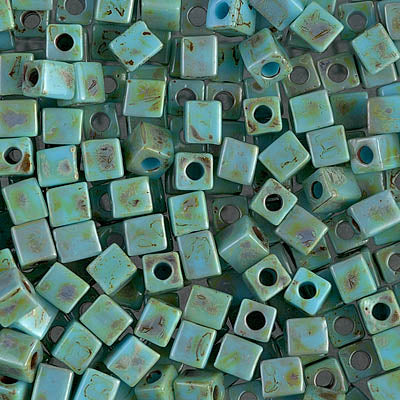 Square Beads 4 mm SB4-4514 Opaque Turquoise Blue Picasso x 10 g